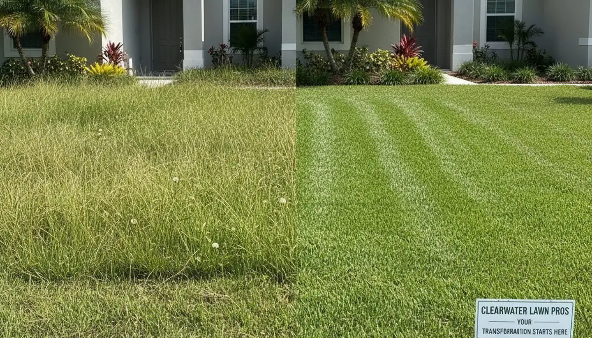 Before and after lawn mowing showing lush green yard transformation in Clearwater, FL by Chop Chop Landscaping