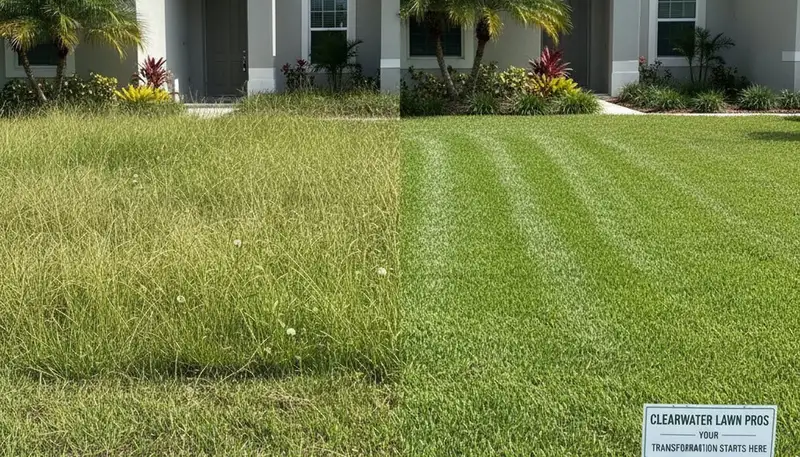 Before and after lawn mowing showing lush green yard transformation in Clearwater, FL by Chop Chop Landscaping