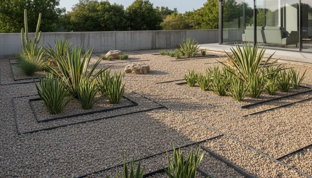 Modern pea gravel landscape with clean lines and architectural plants in Clearwater, FL yard