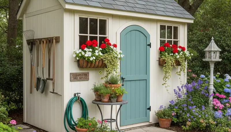 Decorative garden shed with lush landscaping by Chop Chop Landscaping in Clearwater, FL