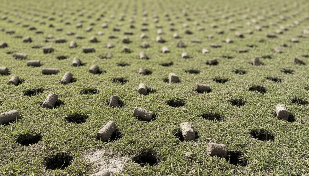 Close-up of lawn aeration soil cores showing treated turf and soil profile in Clearwater, FL