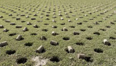 Close-up of lawn aeration soil cores showing treated turf and soil profile in Clearwater, FL