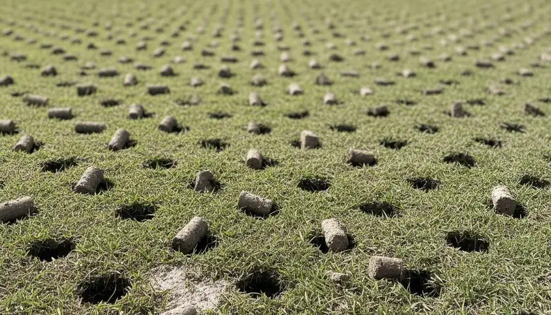 Close-up of lawn aeration soil cores showing treated turf and soil profile in Clearwater, FL