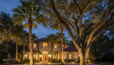 Dramatic tree uplighting design showcasing professional landscape lighting in Clearwater, FL at night