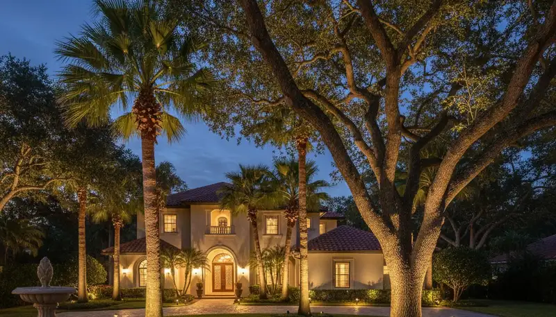 Dramatic tree uplighting design showcasing professional landscape lighting in Clearwater, FL at night