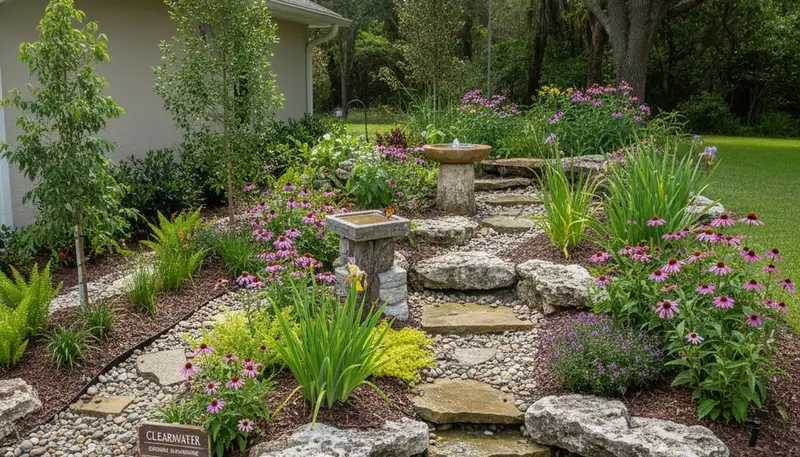 Eco-friendly rain garden and water management landscape design in Clearwater, FL by landscaping experts