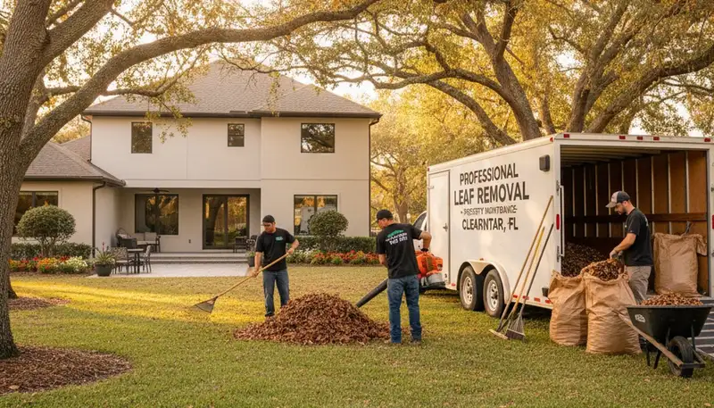 Technicians performing fall leaf removal and yard clean up in Clearwater, FL residential landscaping