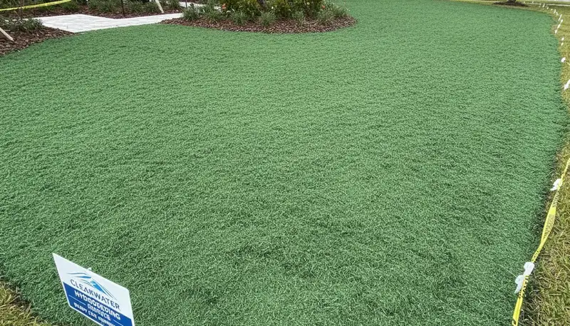 Fresh hydroseed slurry coverage on prepared lawn soil by Chop Chop Landscaping in Clearwater, FL