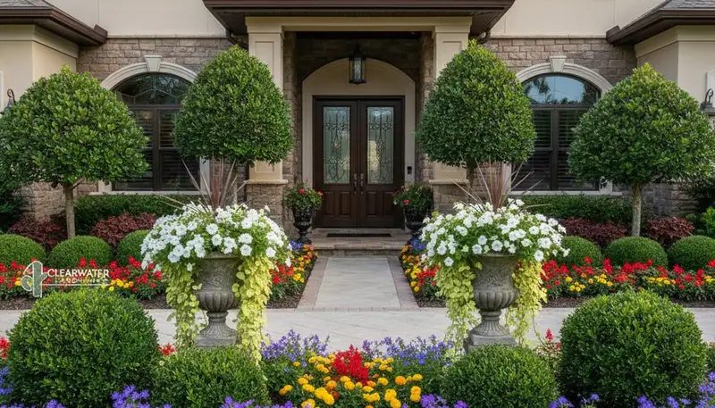 Front yard landscape design with vibrant plants and shrubs by Chop Chop Landscaping in Clearwater, FL