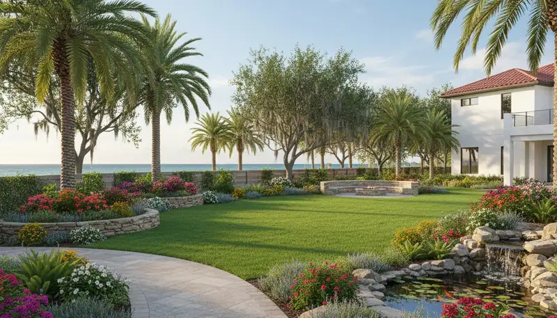 Full property landscape design with lawn, flower beds, and pavers in Clearwater, FL