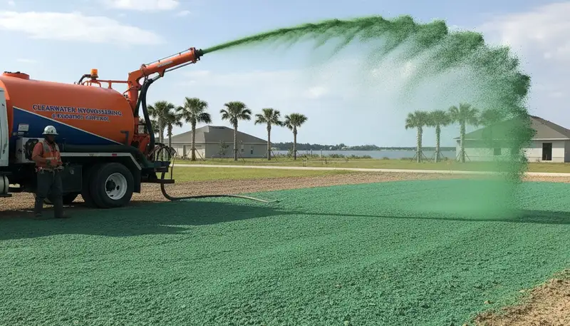 Hydroseeder truck spraying green slurry for new lawn installation in Clearwater, FL landscaping project