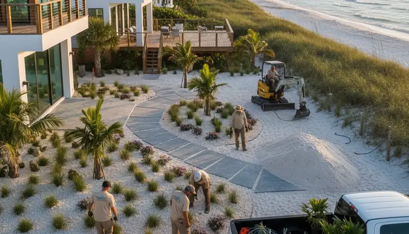 Clearwater FL landscaping crew providing professional lawn care and yard maintenance services