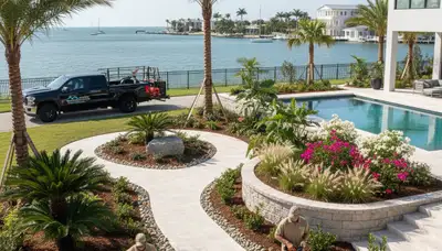 Landscaping crew providing lawn care services in Clearwater, FL for a local property