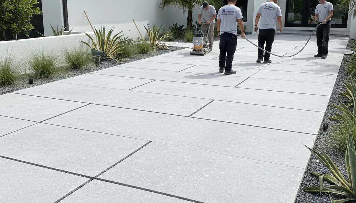 Large format stone slab patio installation by Chop Chop Landscaping in Clearwater, FL
