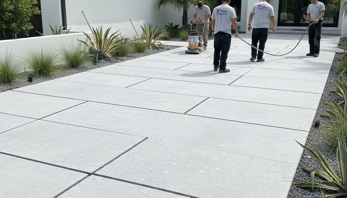 Large format stone slab patio installation by Chop Chop Landscaping in Clearwater, FL