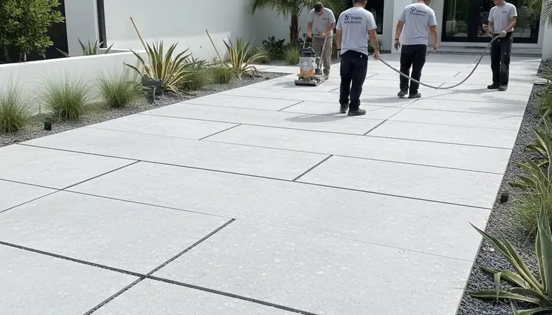Large format stone slab patio installation by Chop Chop Landscaping in Clearwater, FL