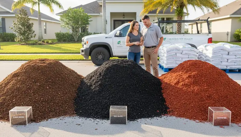 Brown, black, and red mulch color display for Clearwater, FL landscaping by Chop Chop Landscaping
