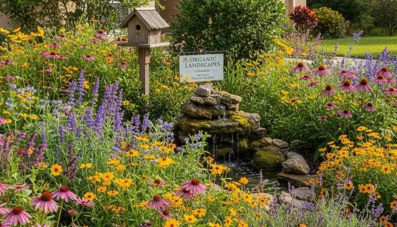 Vibrant native pollinator garden with bee-friendly flowers in Clearwater, FL organic landscaping design