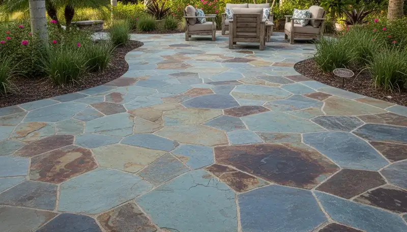 Flagstone patio installation in Clearwater, FL showcasing natural stone pavers by Chop Chop Landscaping
