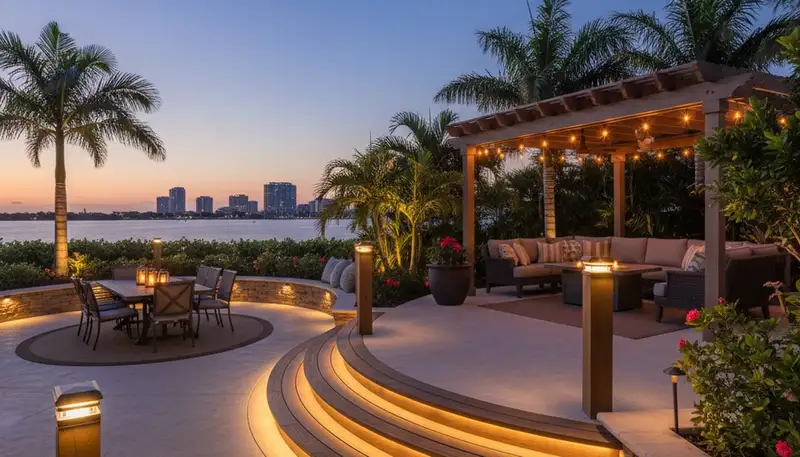 Evening outdoor living space lighting with post and step lights by landscapers in Clearwater, FL