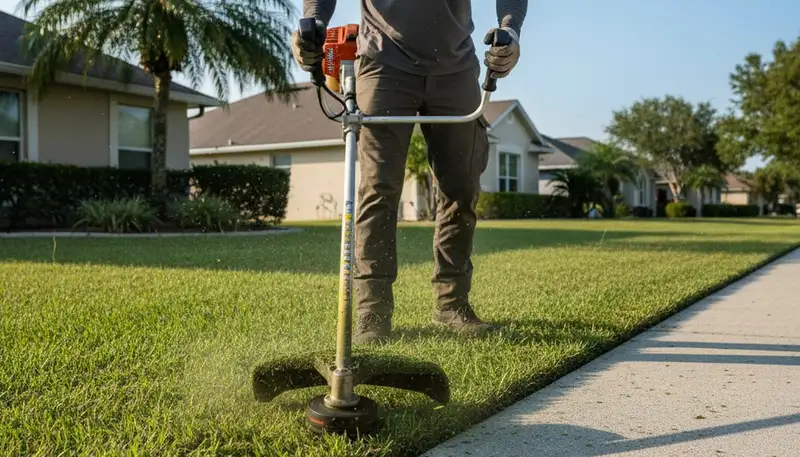 Technician edging Clearwater FL lawn with string trimmer for precise, professional landscaping finish