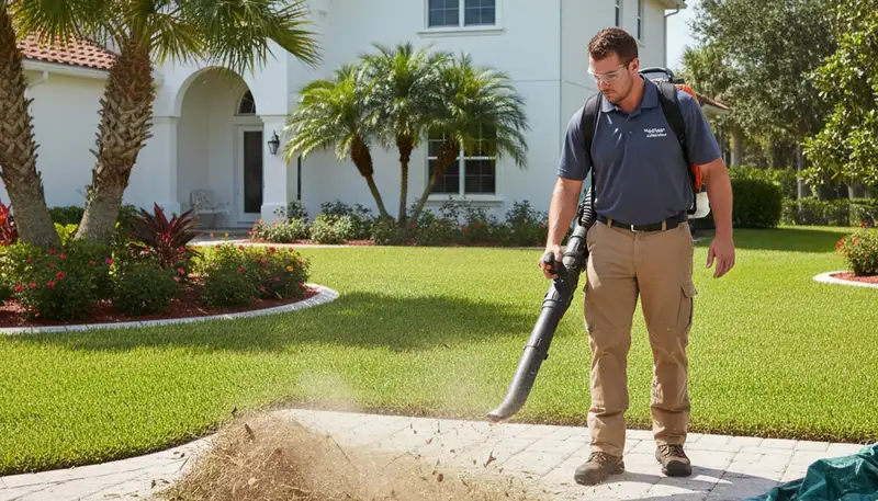 Landscaper using leaf blower for debris removal during lawn maintenance in Clearwater, FL