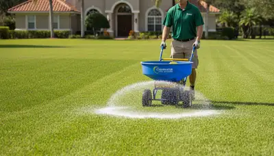 Lawn care technician spreading fertilizer evenly on residential lawn in Clearwater, FL