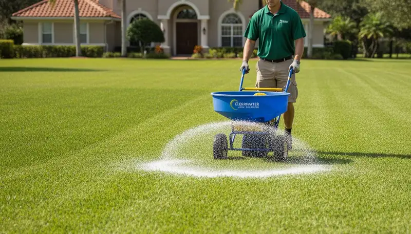 Lawn care technician spreading fertilizer evenly on residential lawn in Clearwater, FL