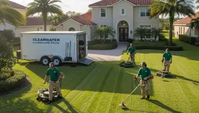 Professional landscaping crew mowing and edging a residential lawn in Clearwater, FL