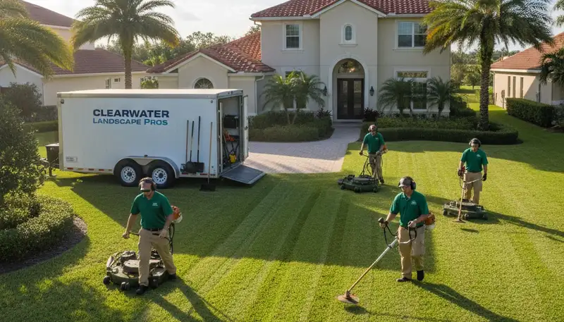Professional landscaping crew mowing and edging a residential lawn in Clearwater, FL