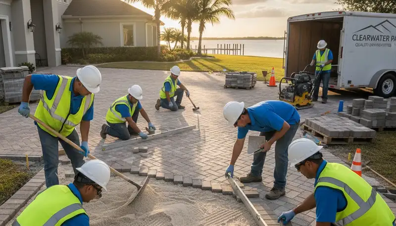 Professional crew installing driveway pavers in Clearwater FL for Chop Chop Landscaping service page