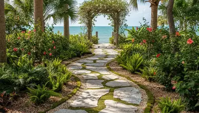 Curved stone paver pathway in landscaped yard by Chop Chop Landscaping Clearwater FL