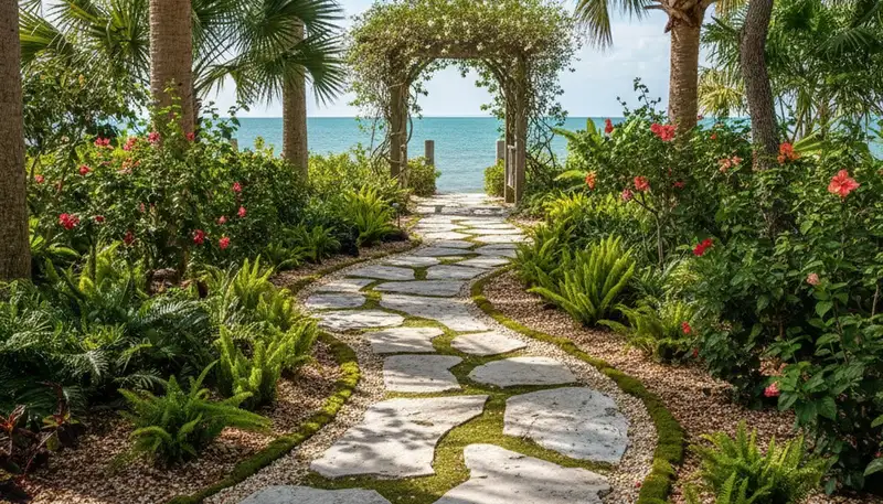 Curved stone paver pathway in landscaped yard by Chop Chop Landscaping Clearwater FL