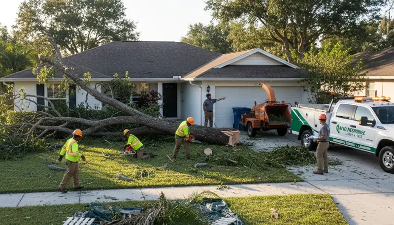 Storm damage debris removal and yard cleanup by landscaping crew in Clearwater, FL