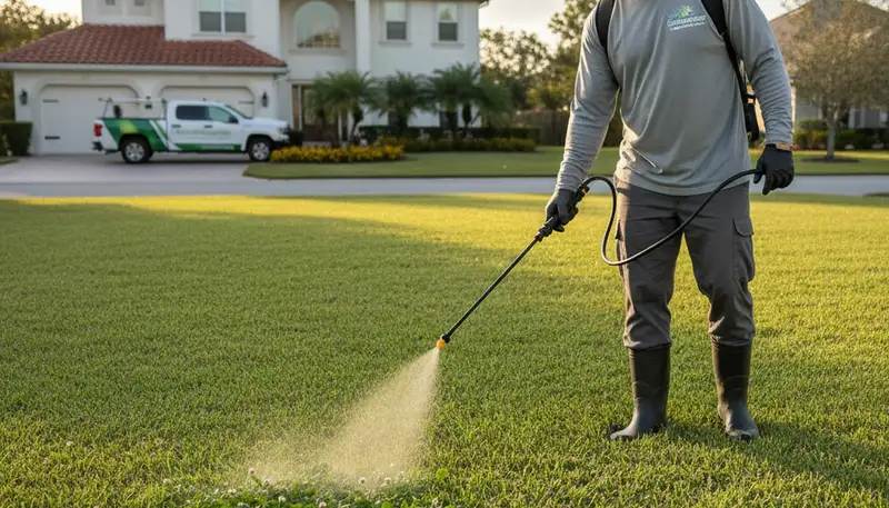 Technician applying targeted weed control with sprayer in Clearwater FL lawn care service